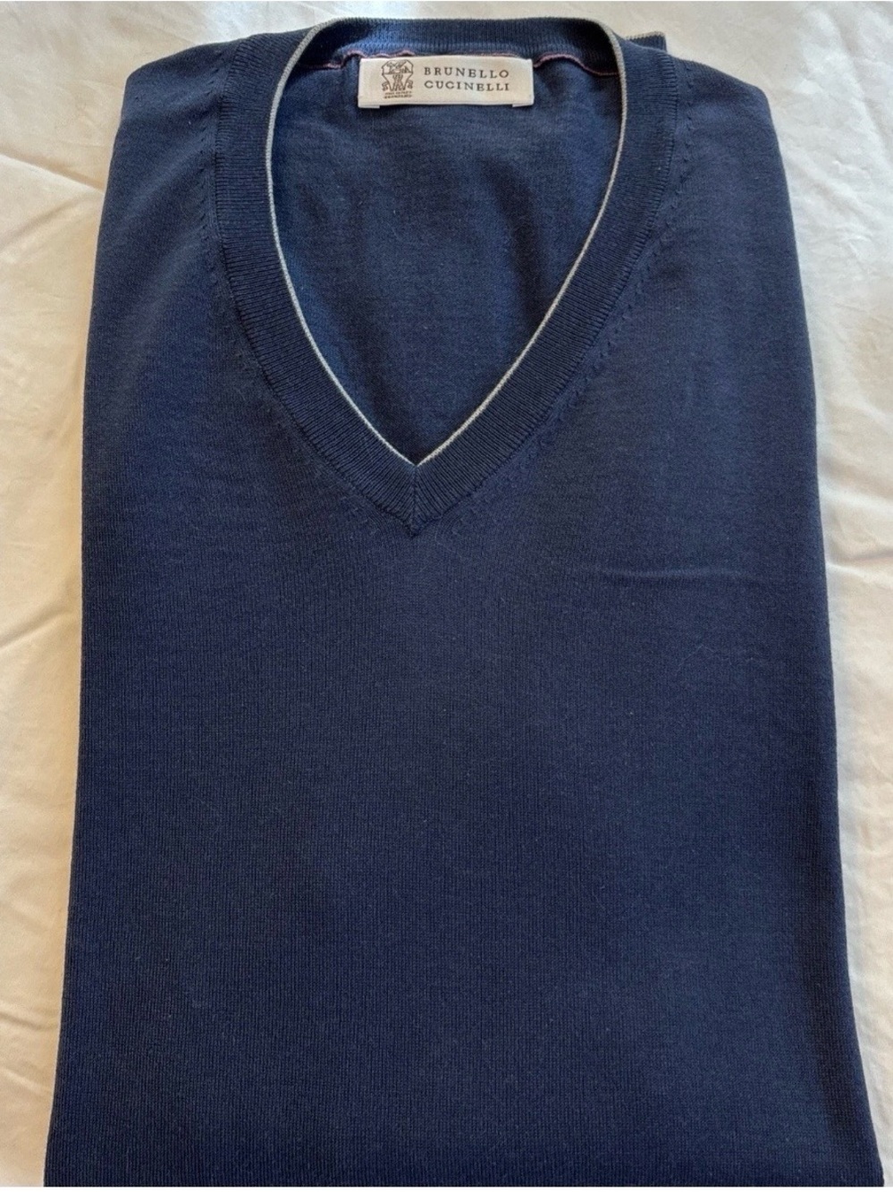 Brunello Cucinelli 💯 Cotton V Neck Navy Sweater with Contrast Trim Sz 54/XL